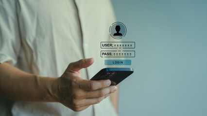 Man use a smartphone type the username and password. User privacy security and protect personal data internet network. Cyber ​​security and digital data protection technology concept.