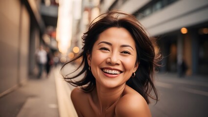 A warm and vibrant artistic portrait in a low-angle street photography style, capturing a smiling Asian woman from below, emphasizing her joyful expression and confident demeanor, set against a blurre