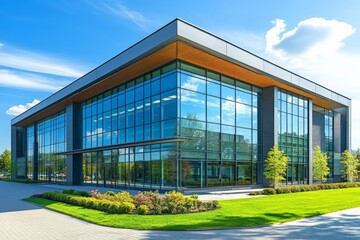 Obraz premium Modern glass building showcases sleek architecture in bright daylight with landscaped surroundings
