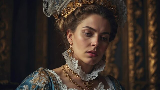 Stunning portrait of a woman in elegant attire set against a rich backdrop showcasing artistic mastery