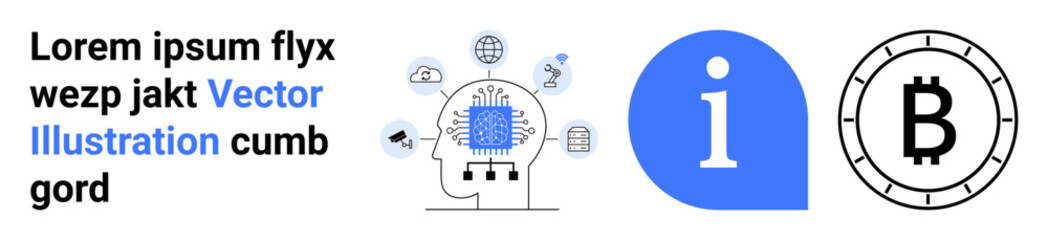 Brain with microchip and icons, information symbol, Bitcoin symbol, text with blue word. Ideal for AI, tech, cryptocurrency, information, machine learning, blockchain, digital content. Landing page