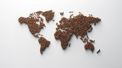 Coffee beans are meticulously arranged to form a detailed map of the world, highlighting the regions known for coffee production and consumption.