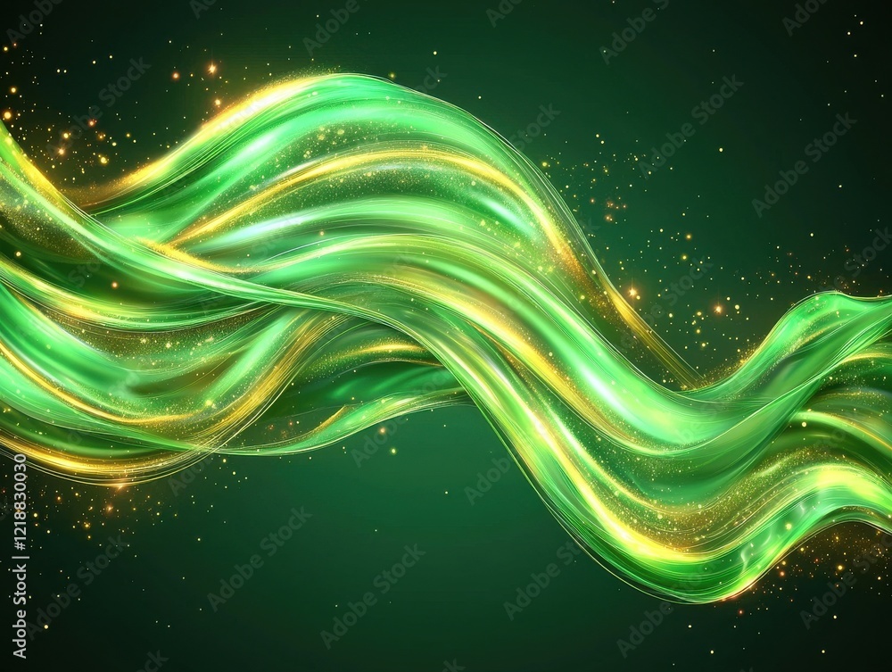 Poster dynamic green and gold light trails creating circular patterns in dark environment abstract art eleg