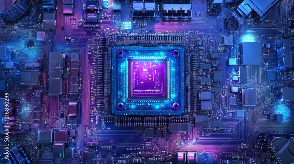 Poster futuristic blue and purple technology circuit board background with glowing processor lines and digi