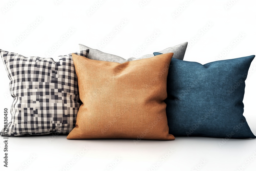 Poster decorative cushions arranged on a light background showcasing various textures and patterns in inter