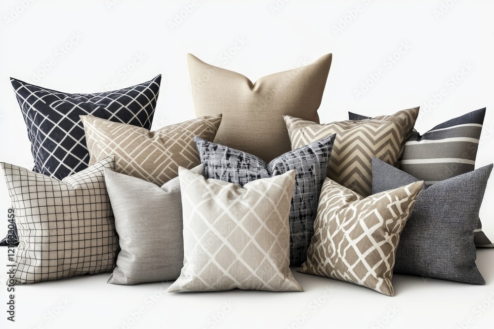 Poster collection of elegant throw pillows arranged in a stylish display highlighting various textures and 