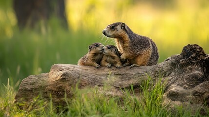 a mother groundhog with her adorable babies on top of an old log in the grassy field. The mom is licking them both clean, and they look happy to be cared for by their parents. Groundhog day.