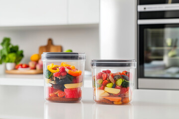 Plastic containers of food sit on a counter in front of a refrigerator