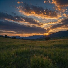 "An expansive twilight meadow with a distant silhouette of mountains, the sky glowing with the last rays of sunlight, and wispy clouds adding texture to the scene."
