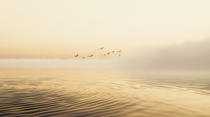 A tranquil ocean view at dawn, soft ripples in the water reflecting the first light of day, with mist rising from the surface and a few birds flying overhead.