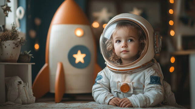 A young child wearing an astronaut suit sits on a soft surface, gazing curiously at a colorful toy rocket. The cozy room is adorned with warm lights and playful decor.