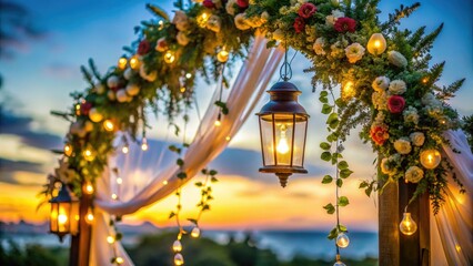 Close-up: Electric lamp glows on a romantic wedding arch garland, capturing candid evening ceremony magic.
