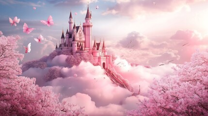 A magical pink castle sits atop a cloud surrounded by blooming cherry blossom trees with fluffy white clouds in the sky