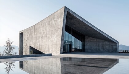 A minimalist concrete building with geometric shapes, reflecting modern architecture against a clear sky.