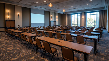 Modern Conference Room Setup Elegant Tables Chairs Meeting Space Wood Event Brown Beige Light Ready 