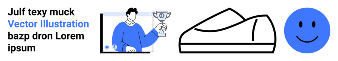 Fototapeta premium Person holding a trophy, minimalistic shoe sketch, blue smiling face. Ideal for recognition, achievement, celebration, footwear, simplicity, happiness, and positivity. Landing page