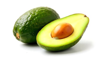 Close up of ripe avocado fruits, one halved showing seed, isolated on white background