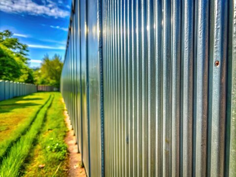 Close-up of a textured gray corrugated iron fence, deep depth of field, highlighting its industrial aesthetic and metal post.