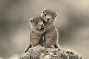 Fototapeta premium Photo of two baby marmots, one is small and the other larger, both standing on top of each other on an outcropping in a rocky mountain wilderness. 
