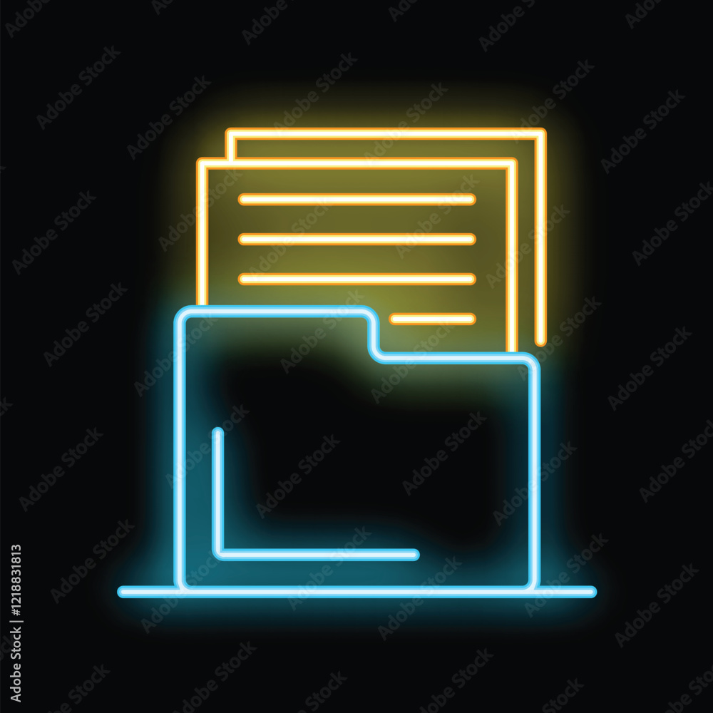 Poster bright neon icon of a folder organizing documents, perfect for projects related to data management a