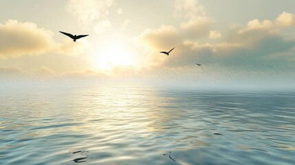 Fototapeta premium A tranquil ocean view at dawn, soft ripples in the water reflecting the first light of day, with mist rising from the surface and a few birds flying overhead.
