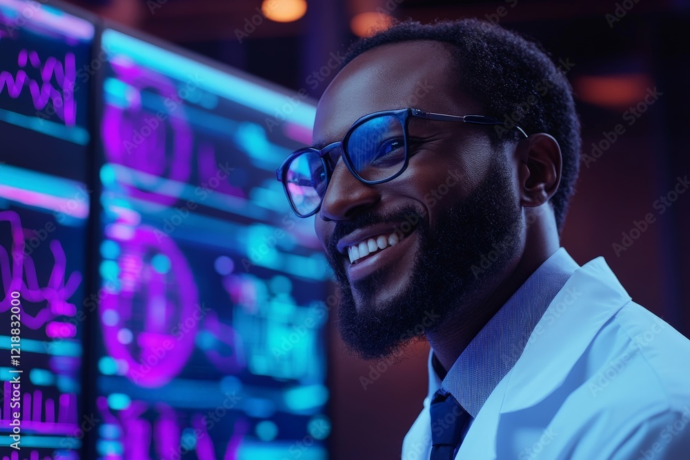 Poster scientist smiling while reviewing digital data in a modern laboratory during evening hours
