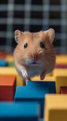 Fototapeta premium A hamster running through a maze made of colorful blocks, looking determined.