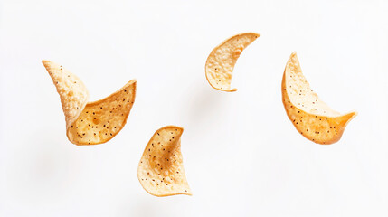 Fototapeta premium Crispy Tortilla Chips Falling White Background Food Photography Delicious Snack diet meal tasty 
