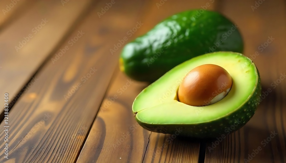 Wall mural A close-up shot of two avocados one whole, one halved on a wooden surface