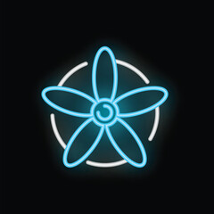 Obraz premium Blue neon flower glowing inside white circle on black background, concept of decoration or nightclub