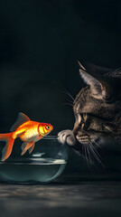 A cat staring at a goldfish in a bowl, its paw hovering just above the water.


