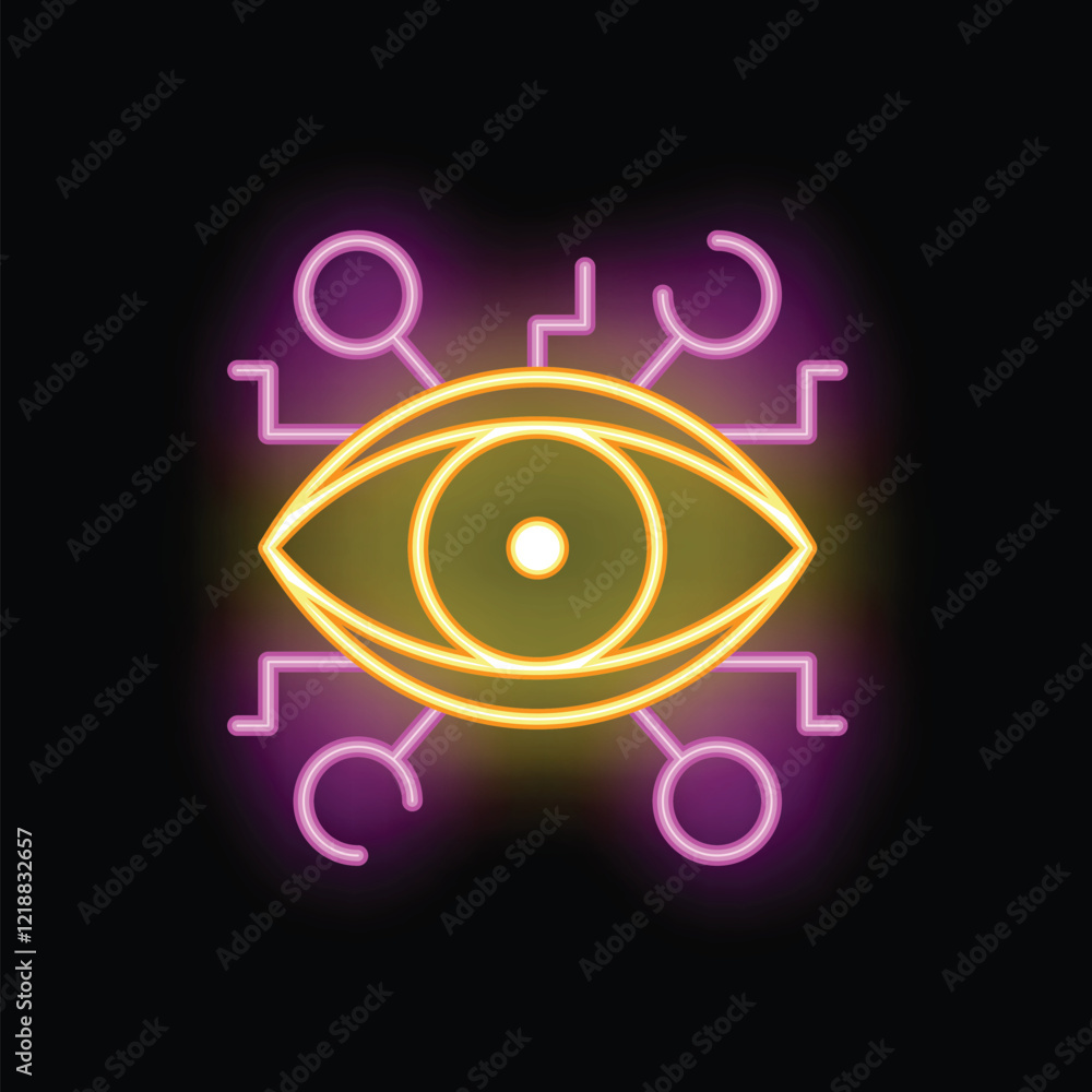 Poster neon sign showing an eye with network connections symbolizing concepts such as artificial intelligen