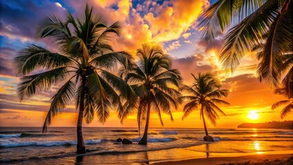 Costa Rican sunset silhouettes at Tamarindo Beach. Golden hour paints the tropical ocean.