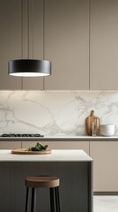 Contemporary beige kitchen counter with a white marble surface, a pendant lamp over it, a splashback, a cabinet counter, and a cupboard, all against a 3D background of interior design products., 