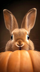 Obraz premium A bunny peeking out from behind a pumpkin, its nose twitching adorably.