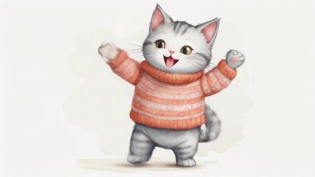Cute gray cat dancing joyfully in a cozy sweater during a cheerful indoor celebration