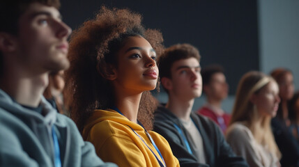 Fototapeta premium Attentive Young Woman Listening Conference Diverse Group Students girl youth focus people school 