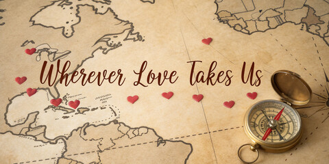 Map heart markings, dream trip, couples and lovers, romantic trip, AI generated