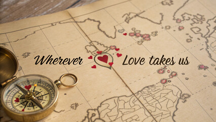 Map heart markings, dream trip, couples and lovers, romantic trip, AI generated