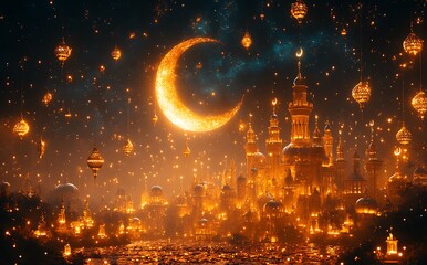 A Fantastical Cityscape with Glowing Lanterns Floating Under a Crescent Moon

