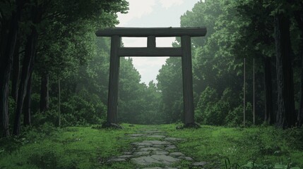 Stone path leads to a wooden torii gate in a misty forest.