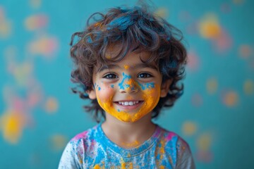Fototapeta premium Smiling child covered in colorful powder during joyful celebration in bright setting