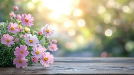 Beautiful Pink Flowers on Wooden Table with Soft Focus Background and Gentle Light for Nature, Spring, or Floral Designs