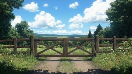 Wooden gate opens to scenic rural landscape with lush green fields, trees, and distant mountains under a bright sunny sky.