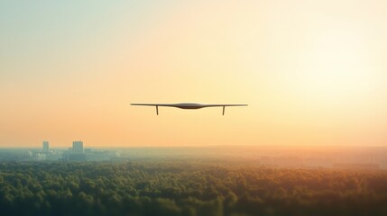 Fototapeta na wymiar A drone glides gracefully over a city skyline at sunset, casting shadows on the lush greenery below, creating a serene and futuristic atmosphere.