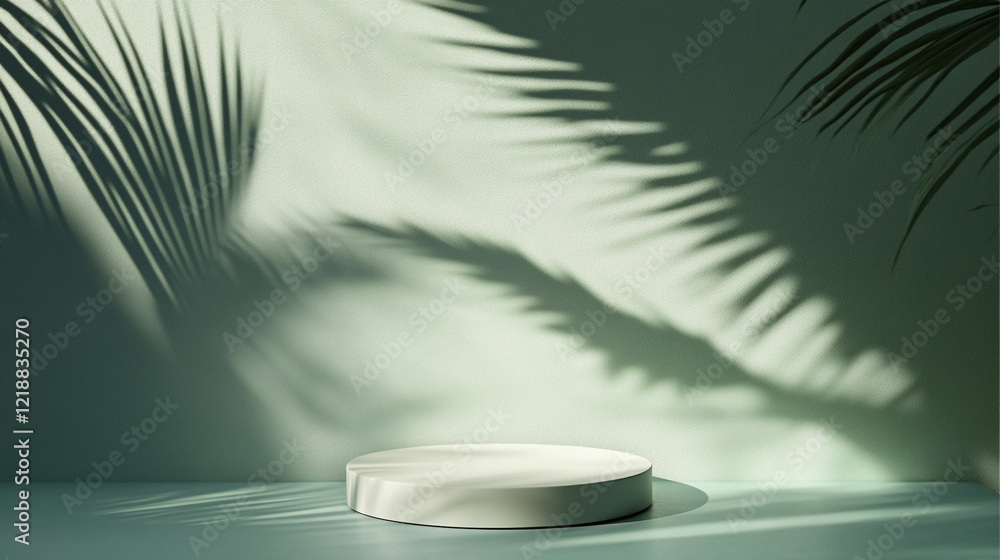 Poster elegant minimalist product display platform green background palm shadows 3d scene clean light