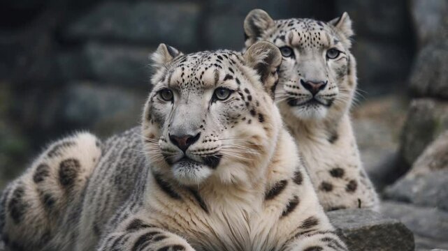 Snow leopards lounging in rocky habitat during daylight hours in a serene wildlife environment