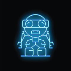 Blue neon sign of a cartoon robot standing with glowing eyes and mouth open on a black background