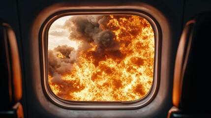 Burning airplane window a dramatic scene of in-flight chaos
