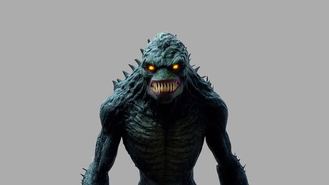 The monster slowly moves forward and looks into the screen